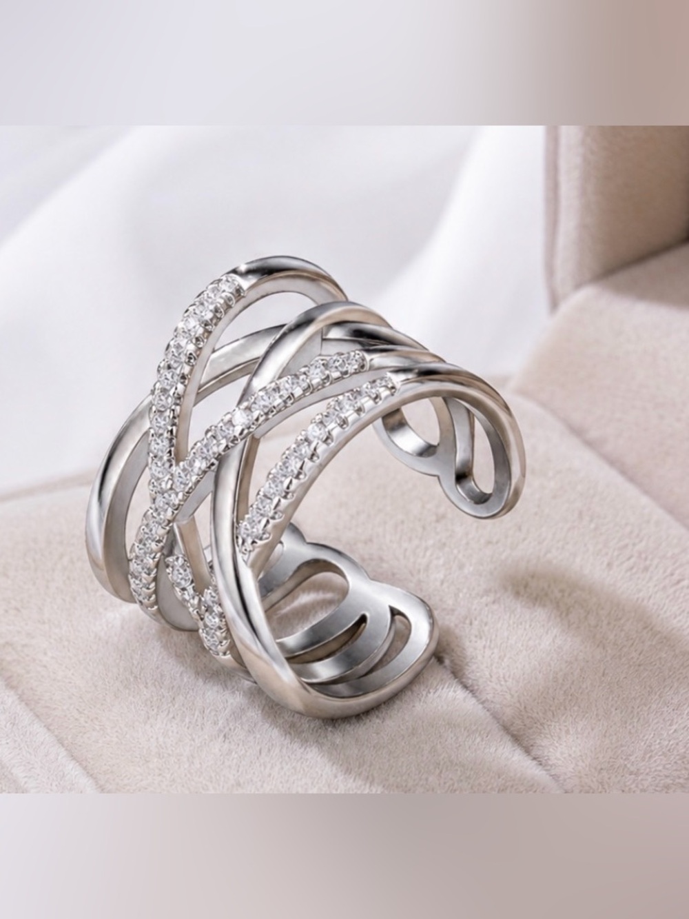 925 Sterling Silver CZ Criss Cross Adjustable Statement Ring Stamped 925